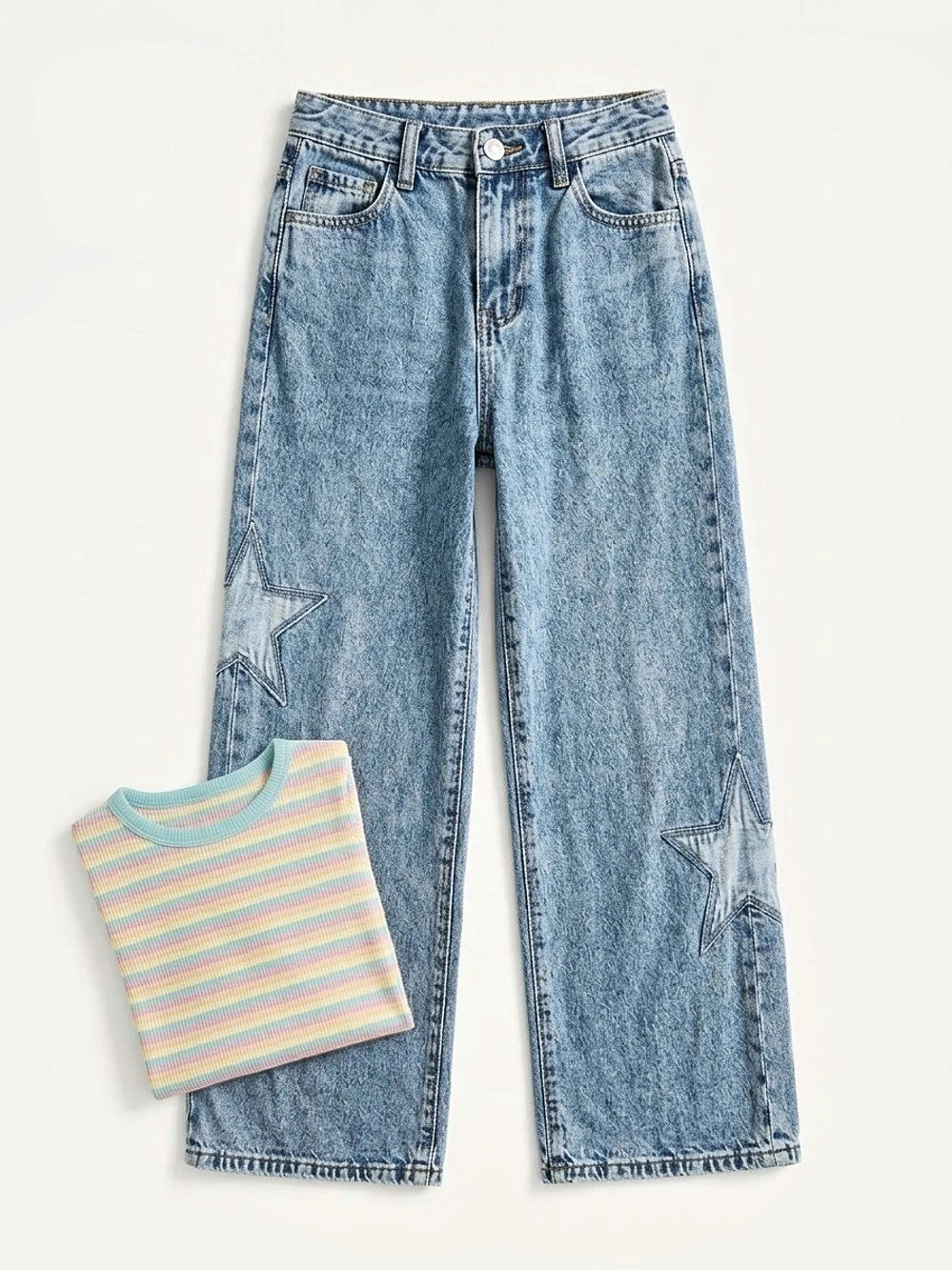 Old Navy Star Jeans & Striped Shirt Outfit Set 7 Girls Medium Wide Leg Ringer